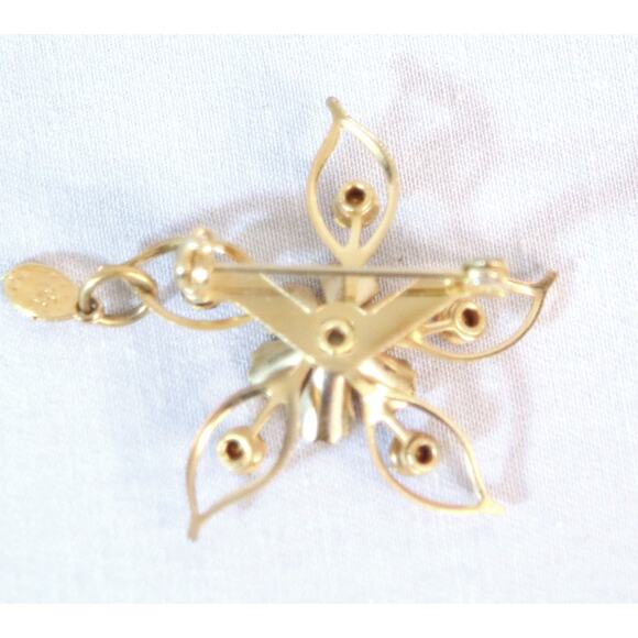 Starburst Flower Brooch Gold Tone Open Metal Blue and Pearly Stones - Picture 8 of 10